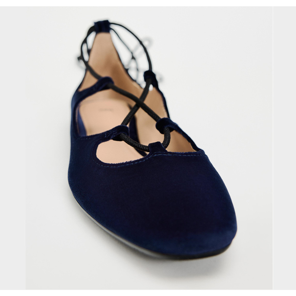ZARA Navy Velvet Lace Up Ballet Flats NWT Balletcore Shoes Sizes 7.5 8 9 - Picture 14 of 16